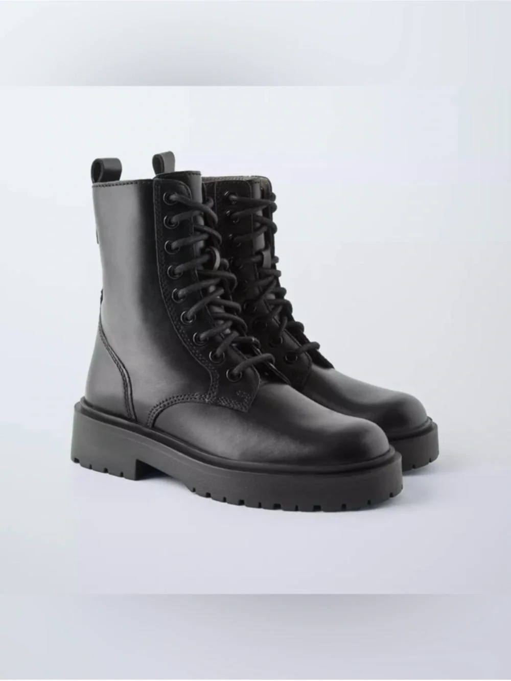 New ZARA Black Lace-Up Combat Boots